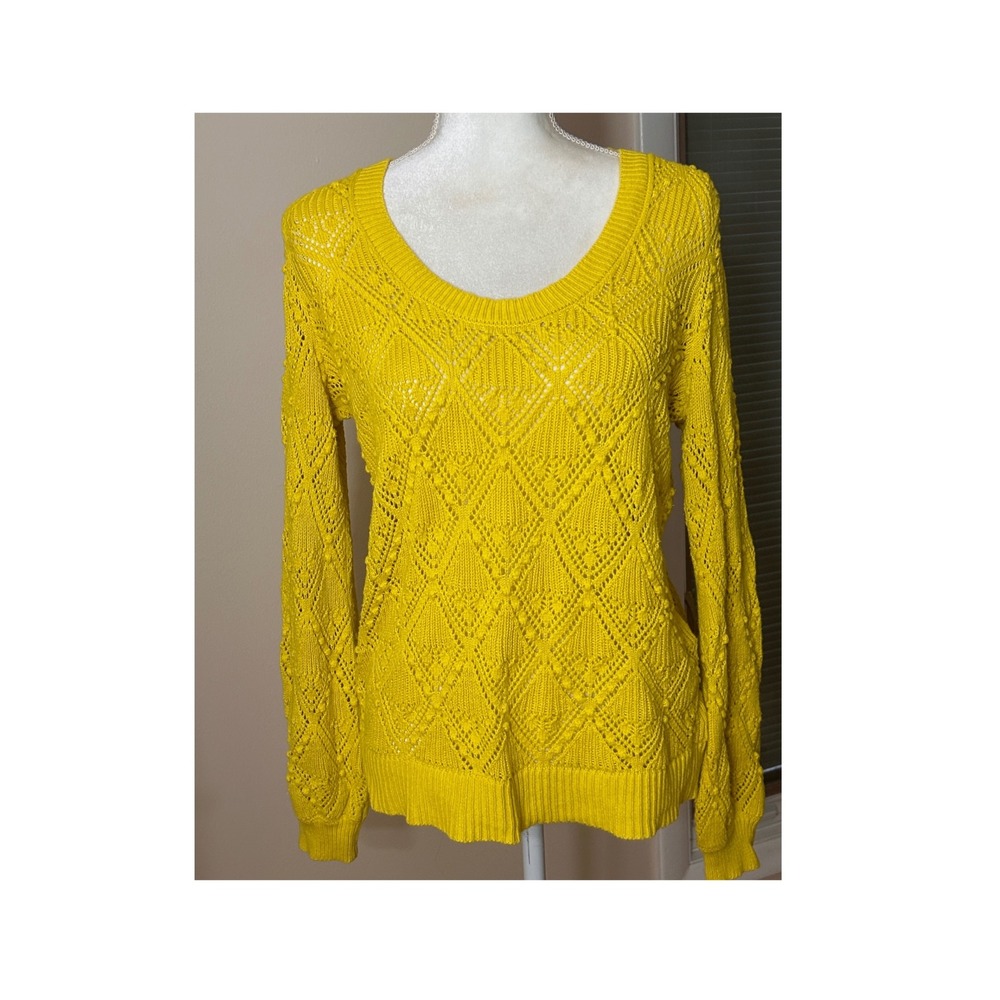 LOFT Sweater 100% Cotton Medium Yellow Excellent Pointelle Boho